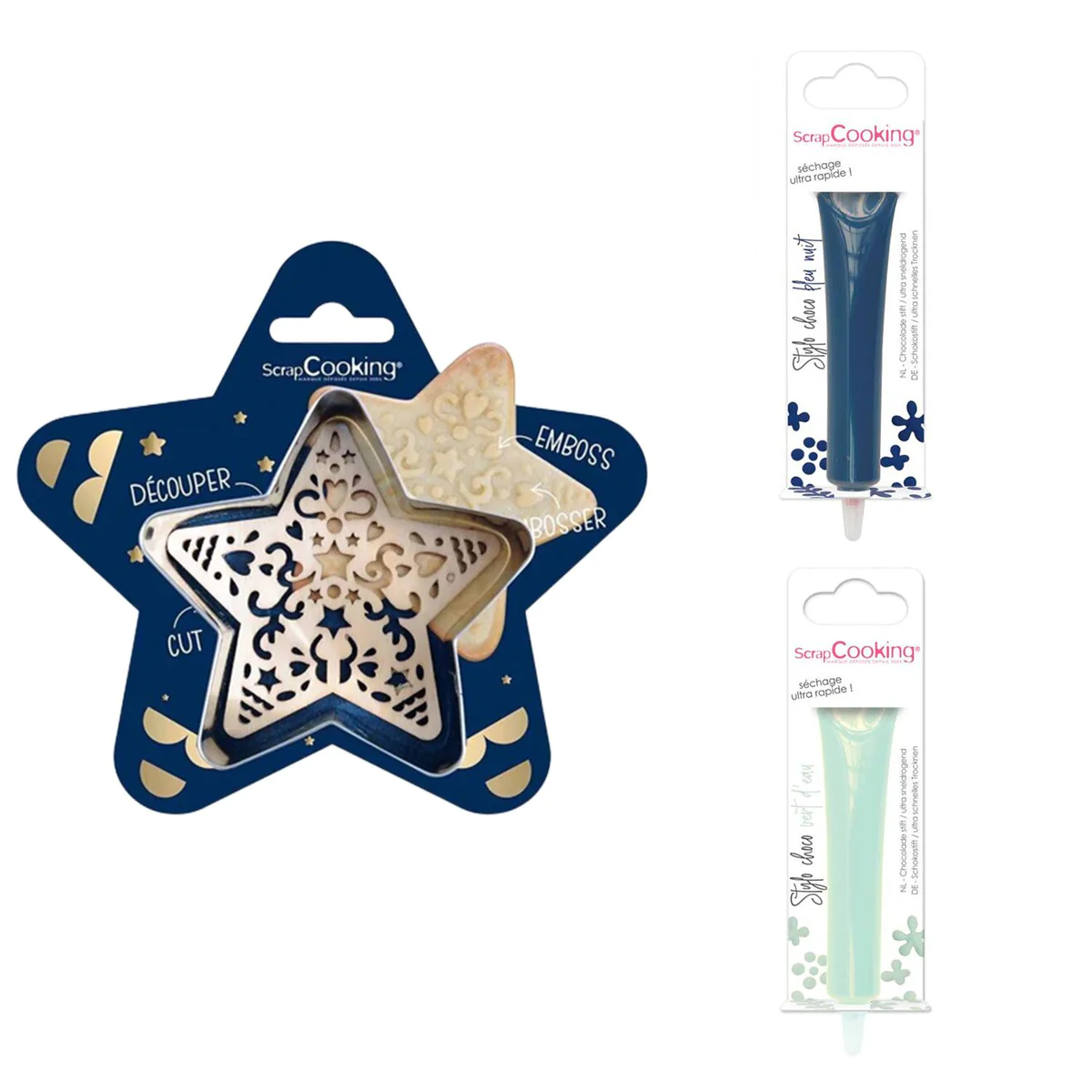 Kit pour biscuit en relief Étoile + 2 Stylos au chocolat bleu nuit et