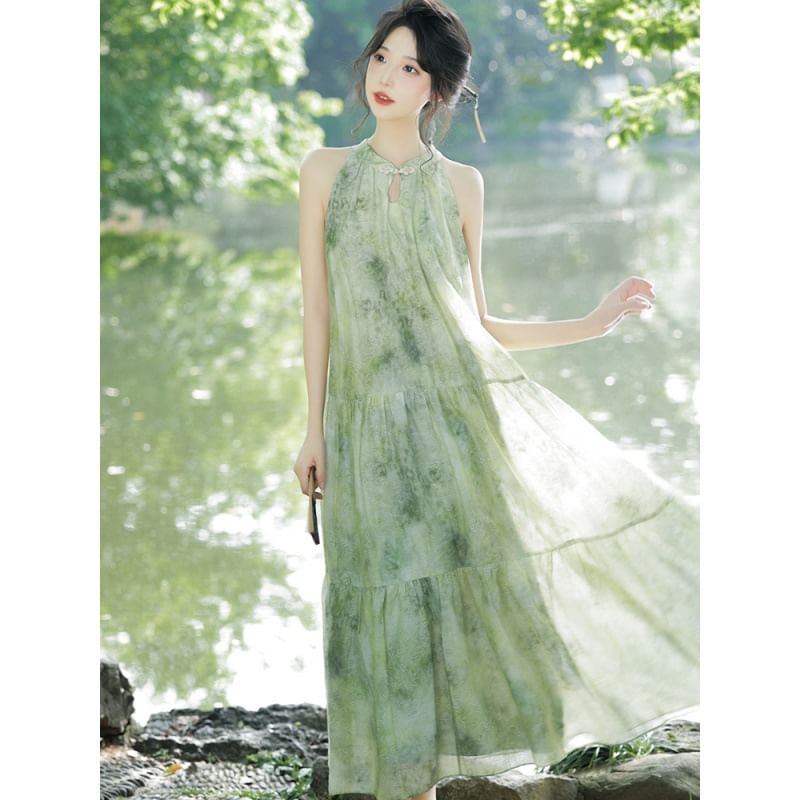 Tangier - Mouwloze maxi-A-lijn jurk met bloemenprint / Effen vest / Set