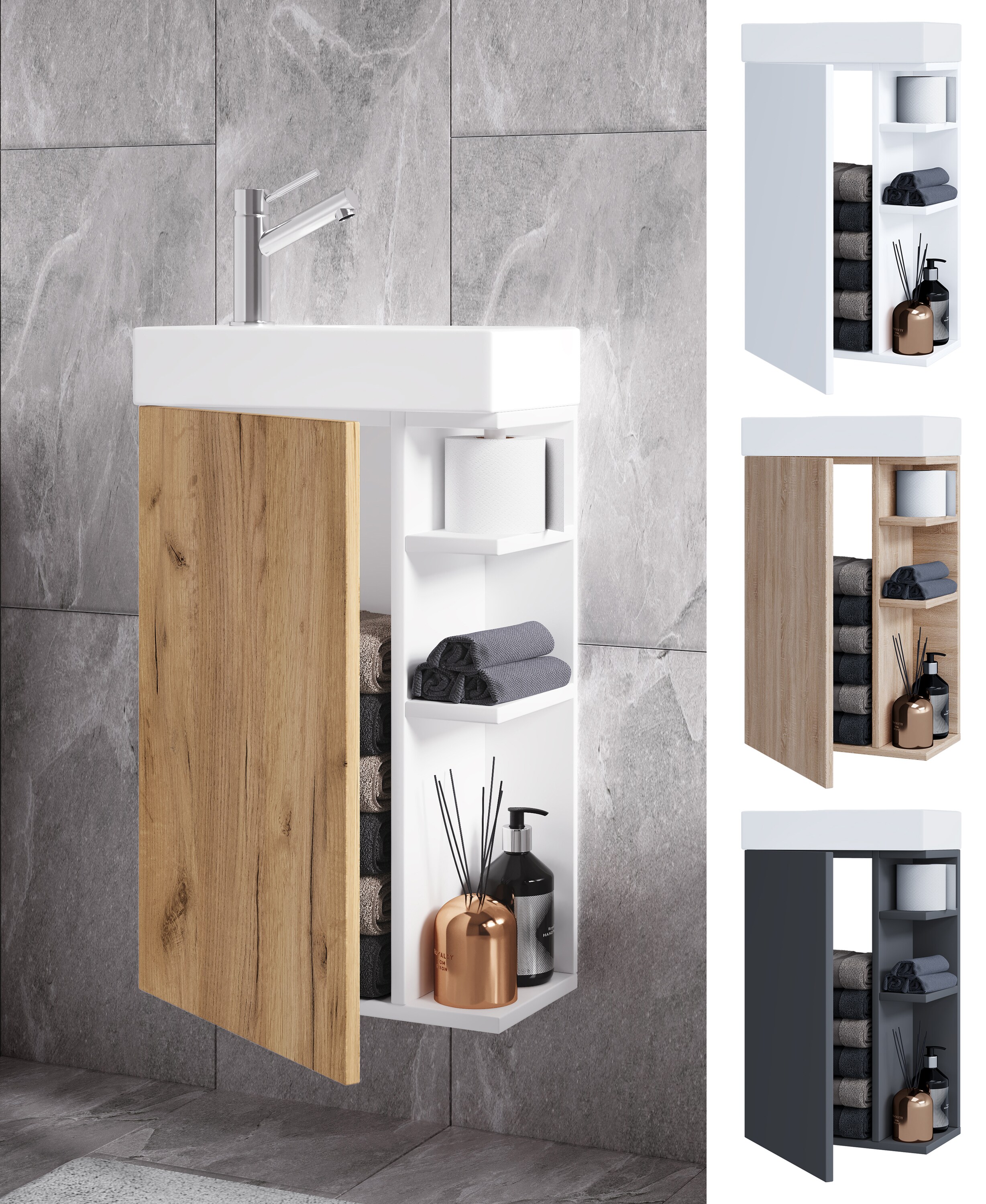 VCM 2-tlg Badmöbel Set Gäste WC Gästebad Waschplatz Waschtisch klein schmal Lumia
