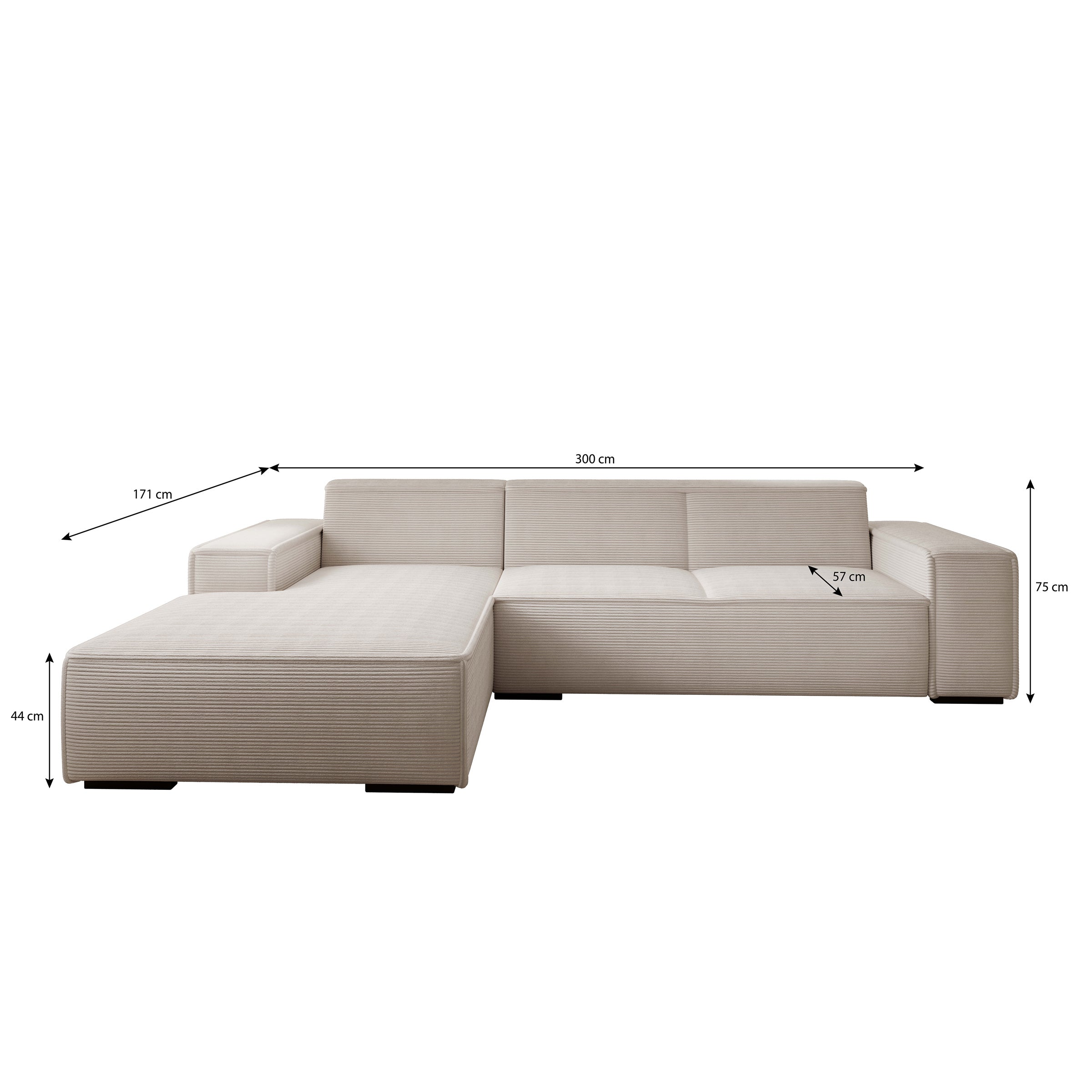 Cardiff - Hoekbank 3-zits met chaise longue - Ribstof grijs - Links