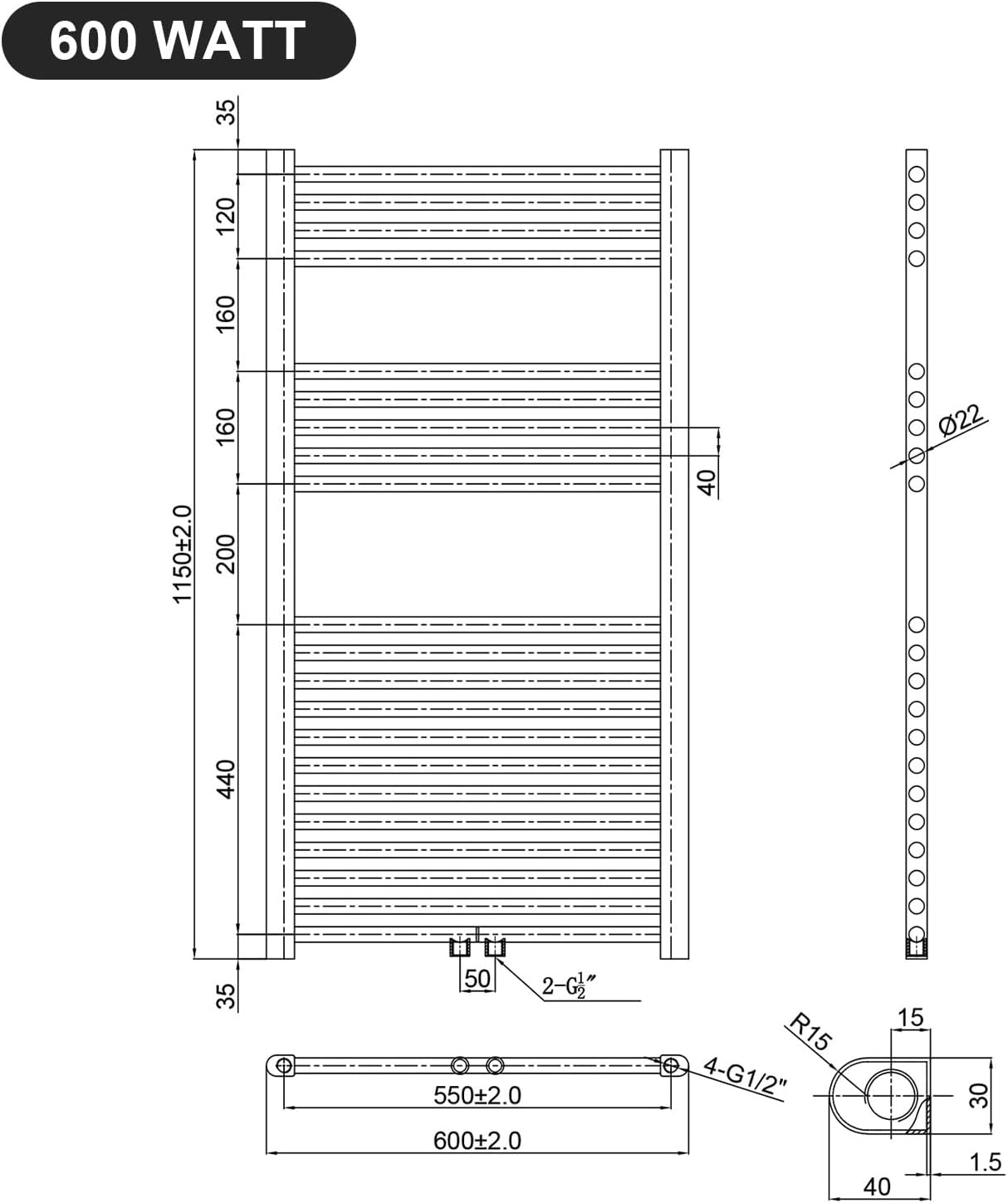 Badheizkörper Elektrisch Weiß 1150x600 mm Handtuchheizkörper Elektrisch mit Mini-Thermostat Auswählbar Panel Handtuchhalter Wasser Mittelanschluss 600 Watt