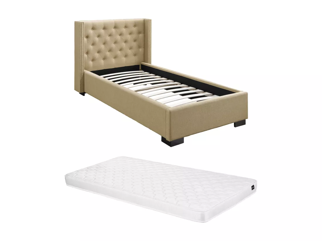 Lit 90 x 200 cm avec tête de lit capitonnée - Tissu - Beige + Matelas - MASSIMO II
