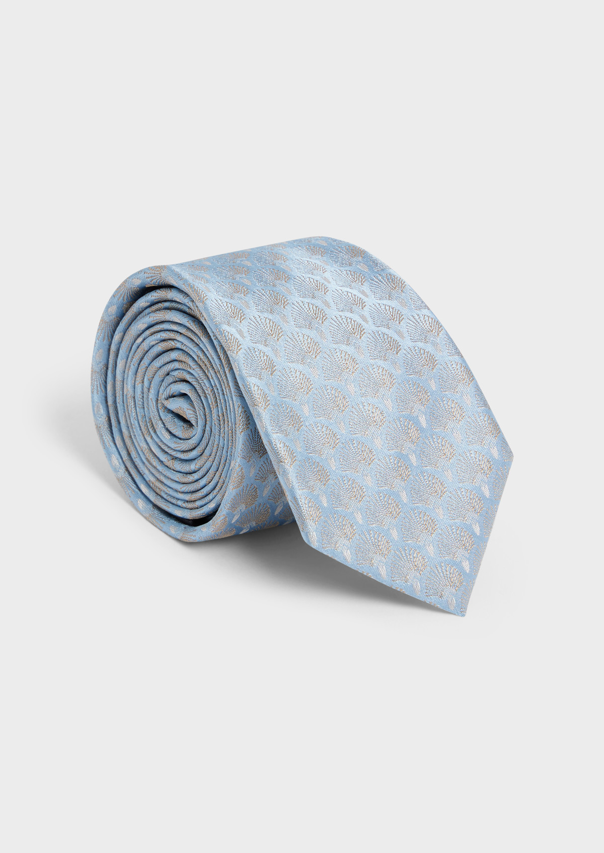 Cravate large en soie mélangée bleu ciel à motif fleuri beige