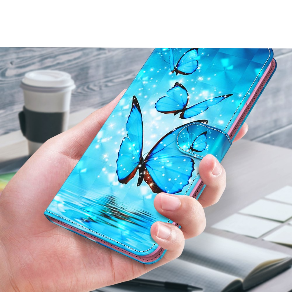 Samsung Galaxy S22 5G Leder Tasche mit Kartenfächern - Blaue Schmetterlinge