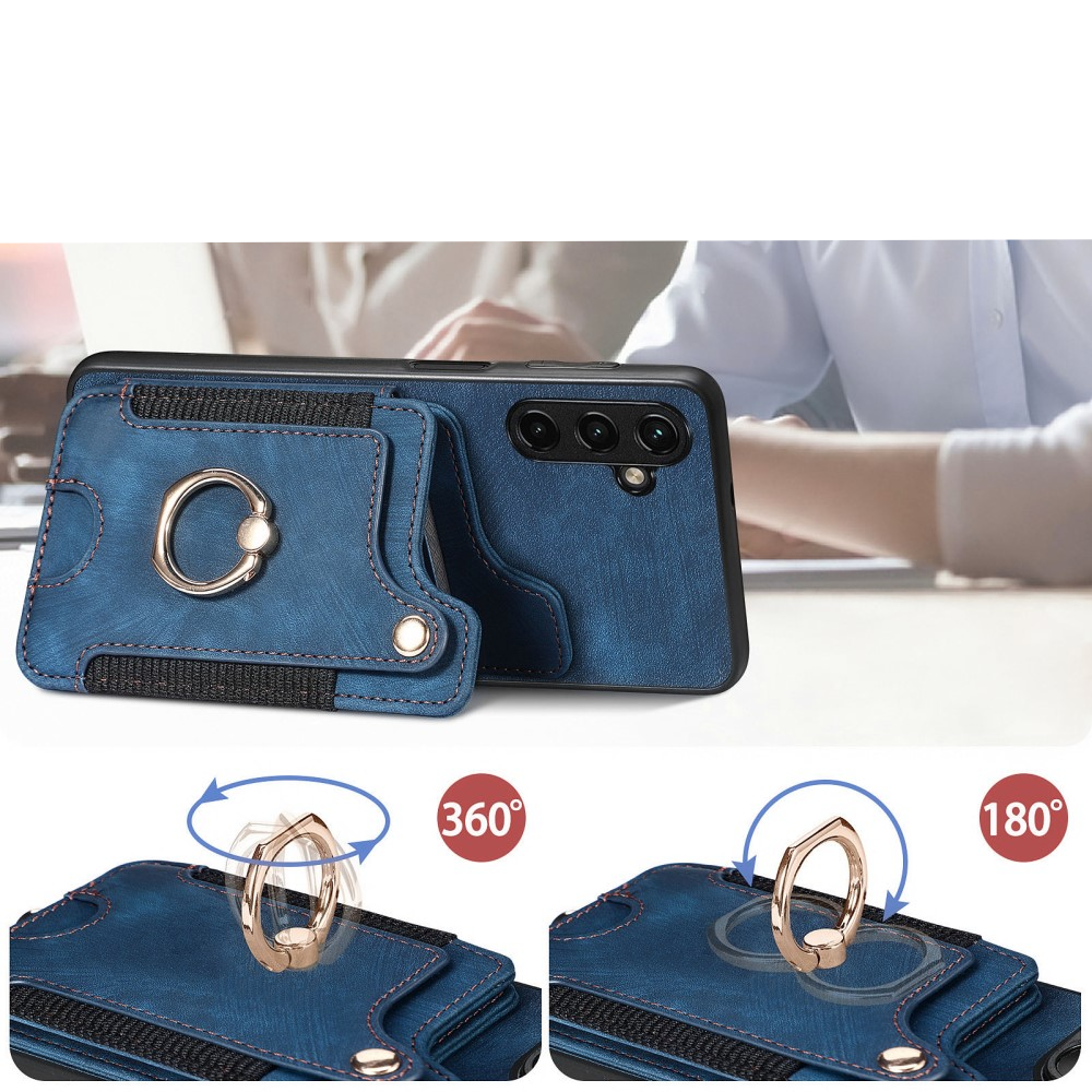 Samsung Galaxy A54 5G Necklace Leder Hülle mit Kartenfächer   Finger Griff Halterung   Handykette (RFID Schutz) - Blau