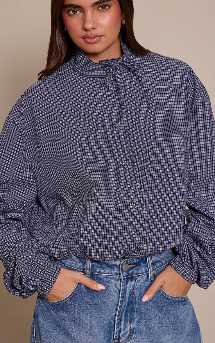 Bleu Chemise À Carreaux À Manches Longues Avec Col Montant Et Détail Nœud