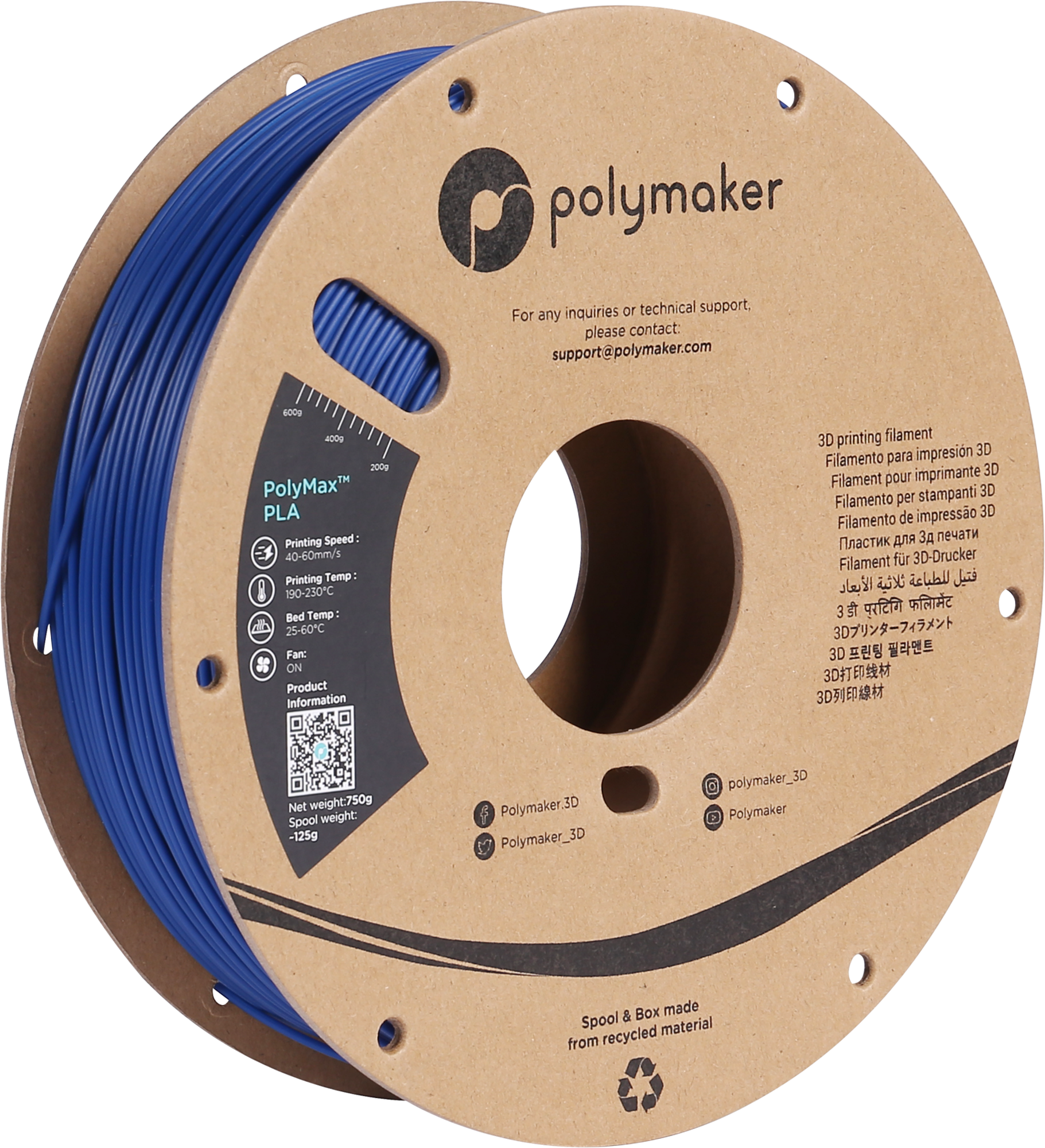 Polymaker  PolyMax PLA Blau, 1,75 mm (750 g)    Das blaue Filament mit 9-fach höherer Belastbarkeit als herkömmliches PLA