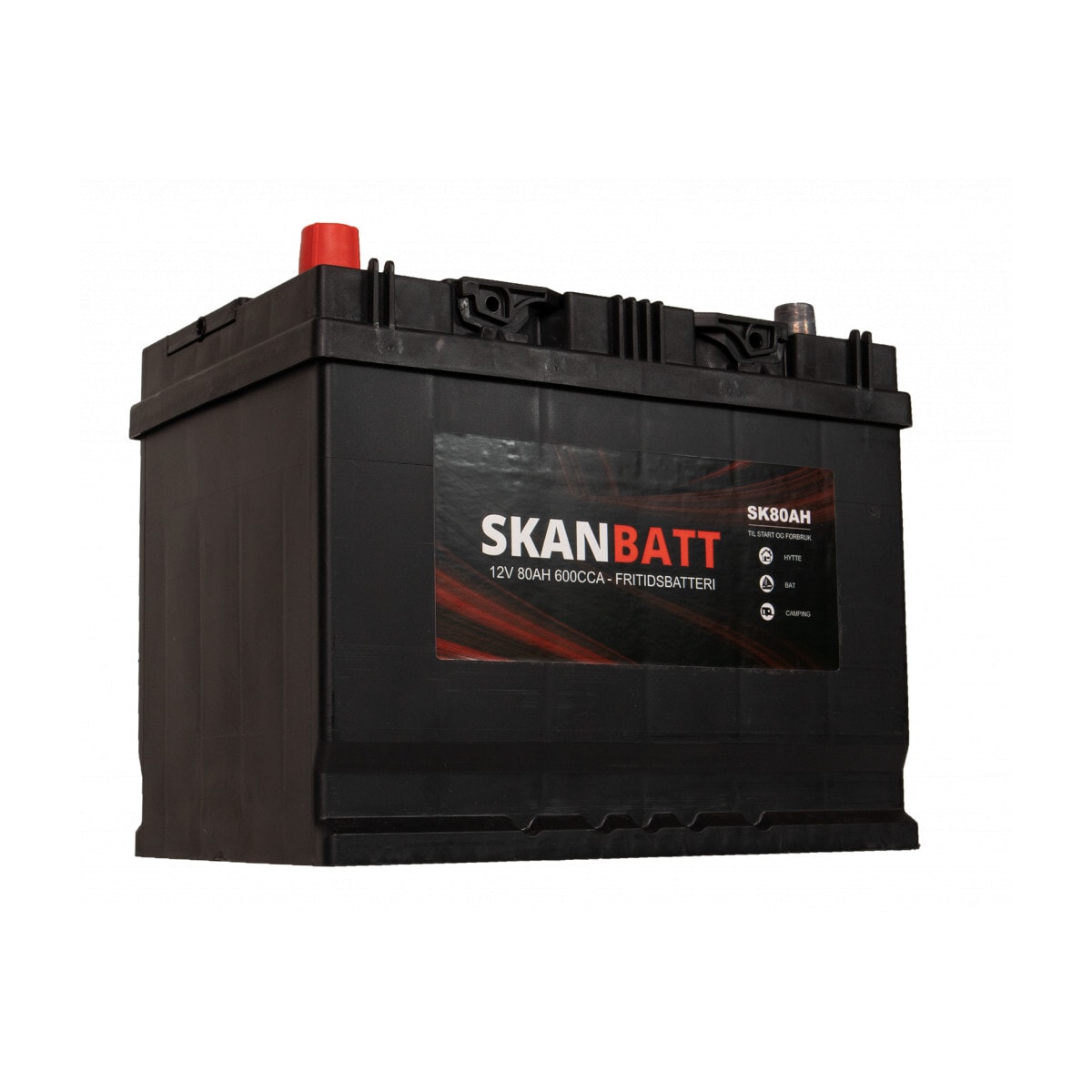 SKANBATT Fritidsbatteri 12V 80AH 600CCA (256x174x205/225mm) +venstre