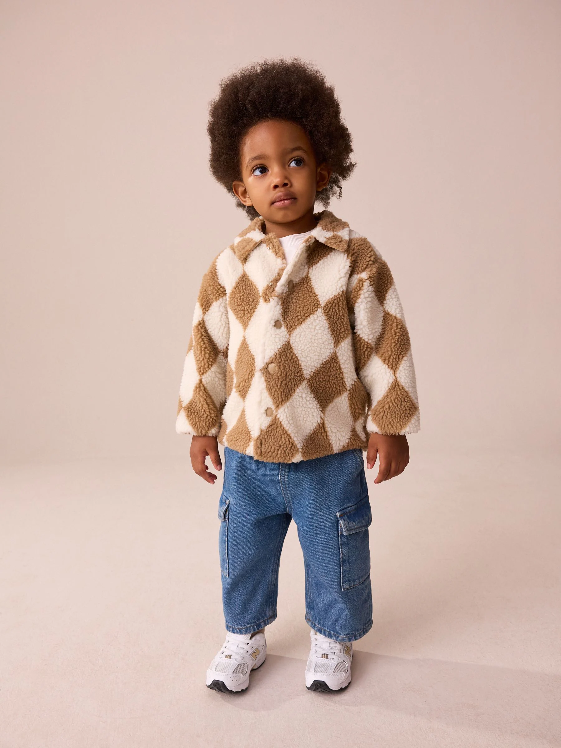 Naturel/bruin Harlequin - Fleece shacket van borg (3 mnd - 7 jr)