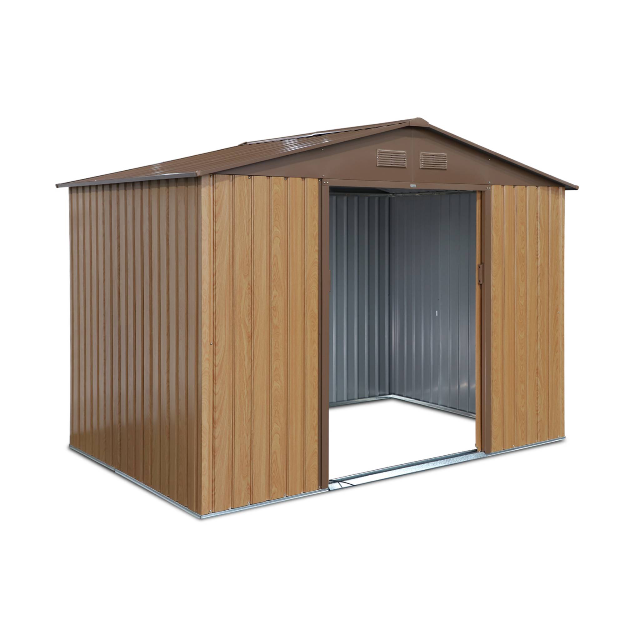 Abri de jardin en métal - ferrain 5.29m² couleur chêne - cabane à outils avec deux grandes portes coulissantes. Kit de fixation sol