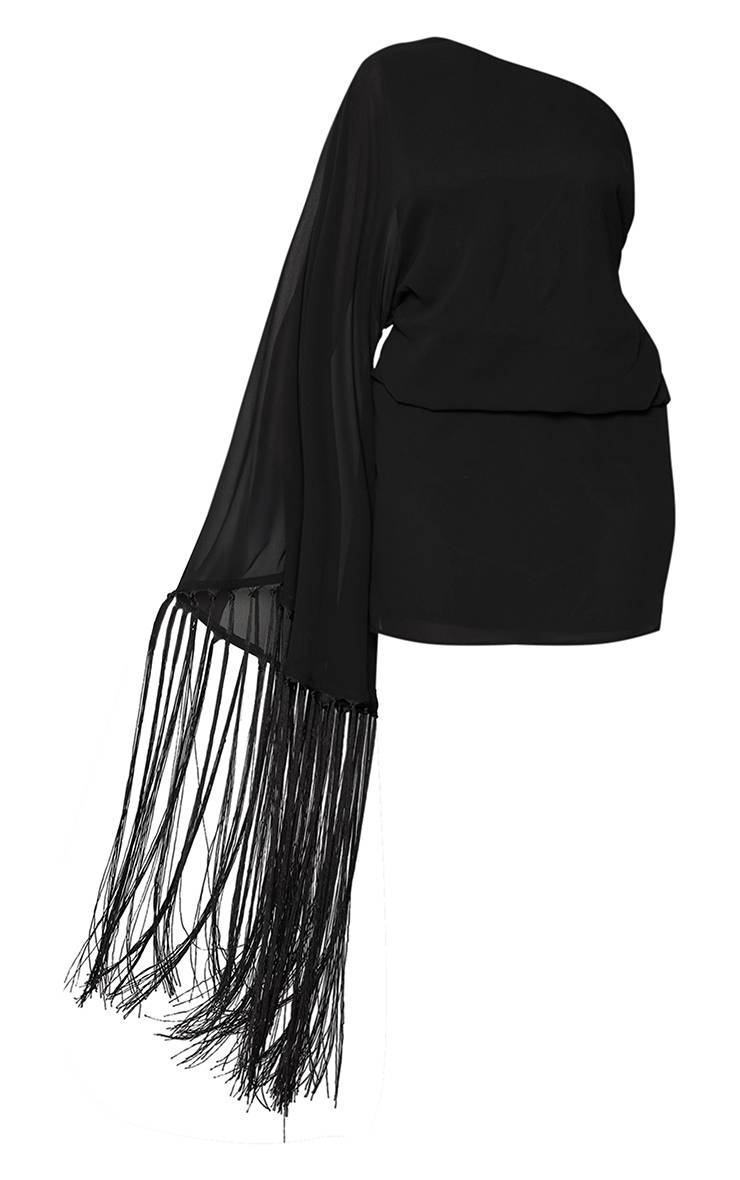 Noir Robe Mini En Mousseline À Une Épaule Avec Détail À Franges