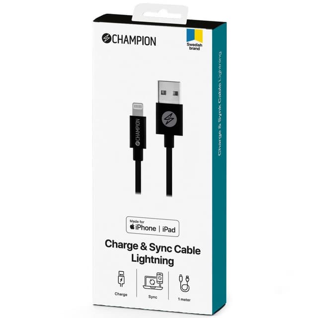 Champion USB-A til Lightning-kabel 1m Sort