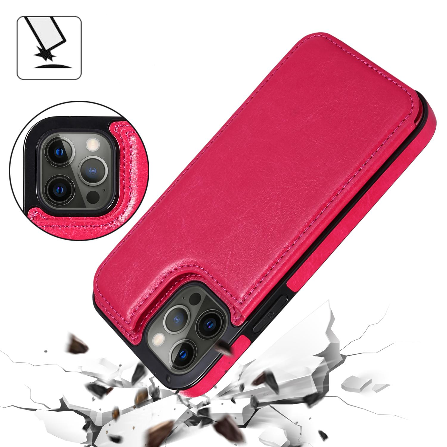 iPhone 14 Pro Max Hybrid Leder Hülle mit Kartenfach   Kickstand Aufsteller - Pink