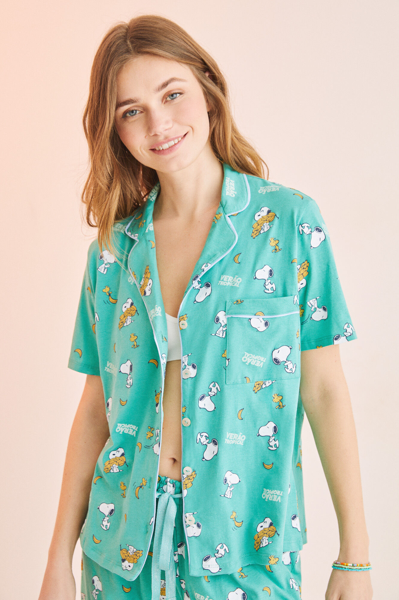 Pijama Camisa Snoopy 100% Algodão Verde Capri - Estampado