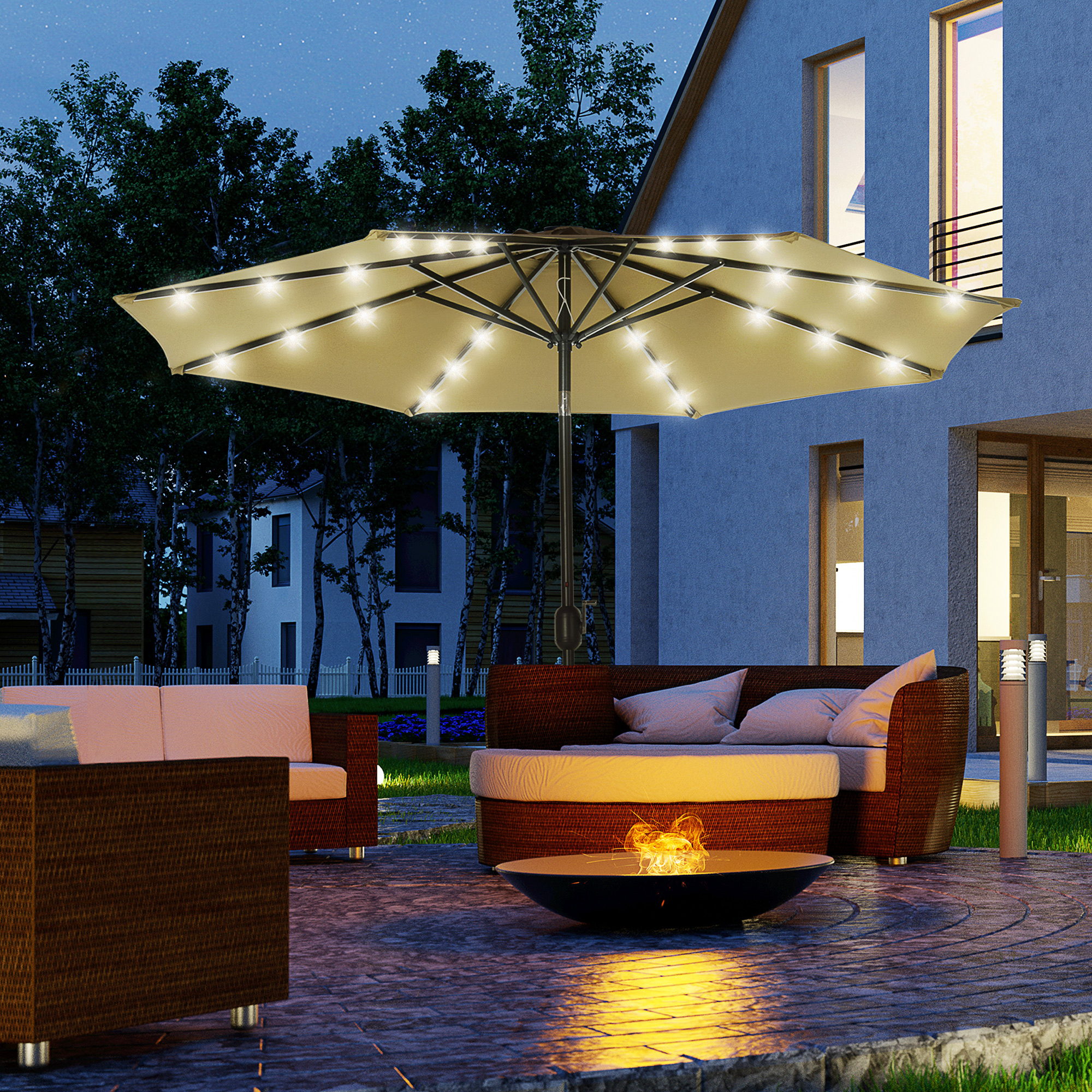Guarda-sol de jardim Outsunny Ø268x238 cm com 24 luzes solares LED, mecanismo de inclinação com manivela e mastro de metal removível para piscina e pátio, marrom.