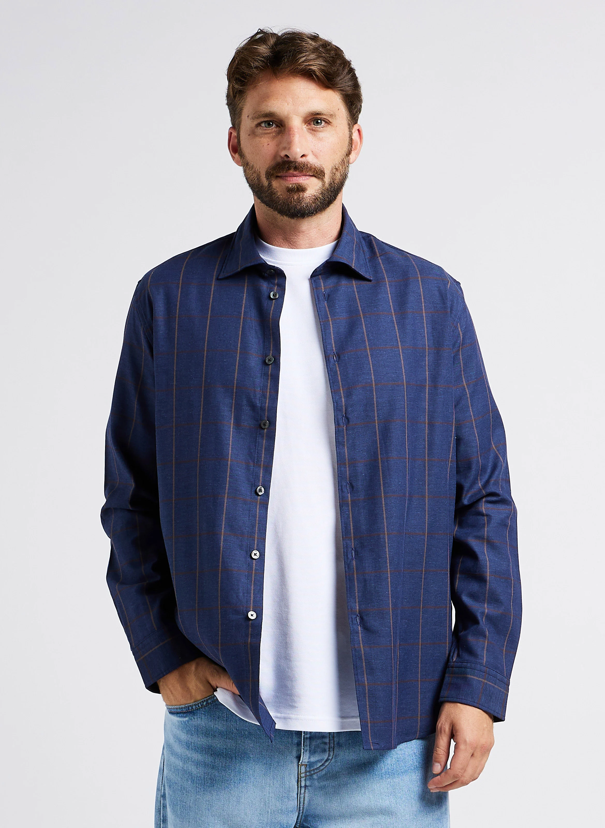 Chemise col classique à carreaux en coton bio mélangé | Marron