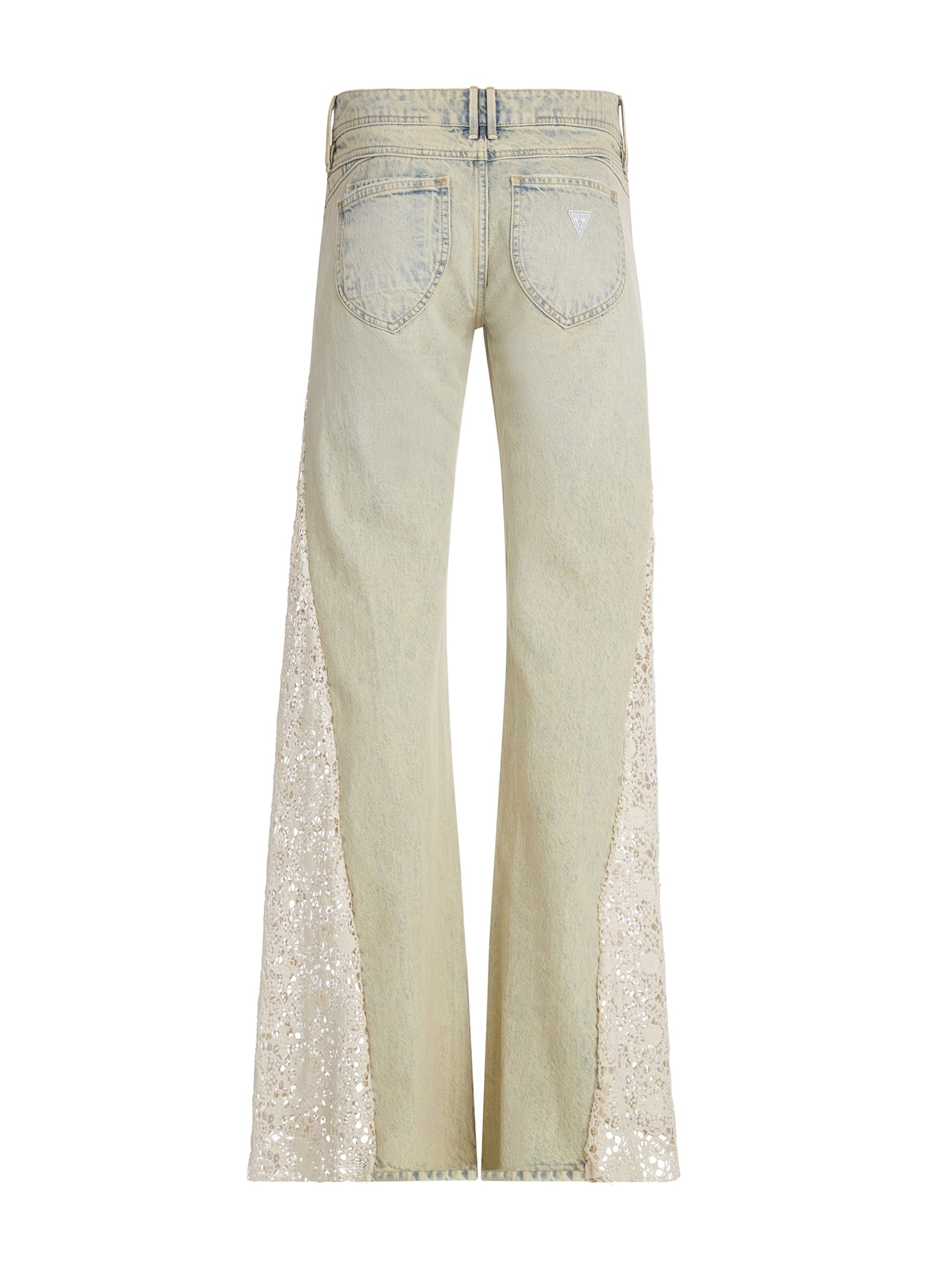 calças flare de jeans com renda