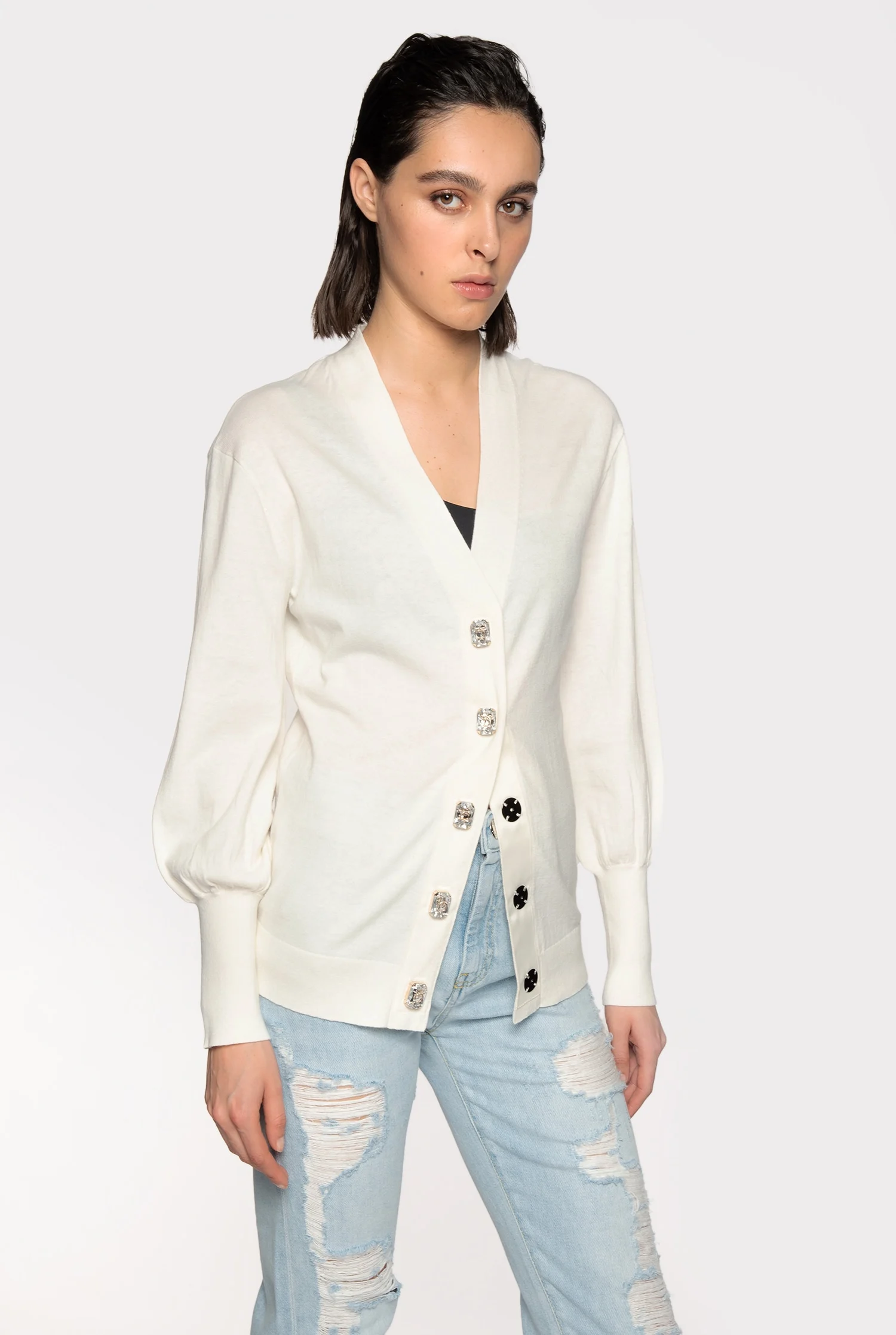 Cardigan confort à boutons bijoux | Blanc