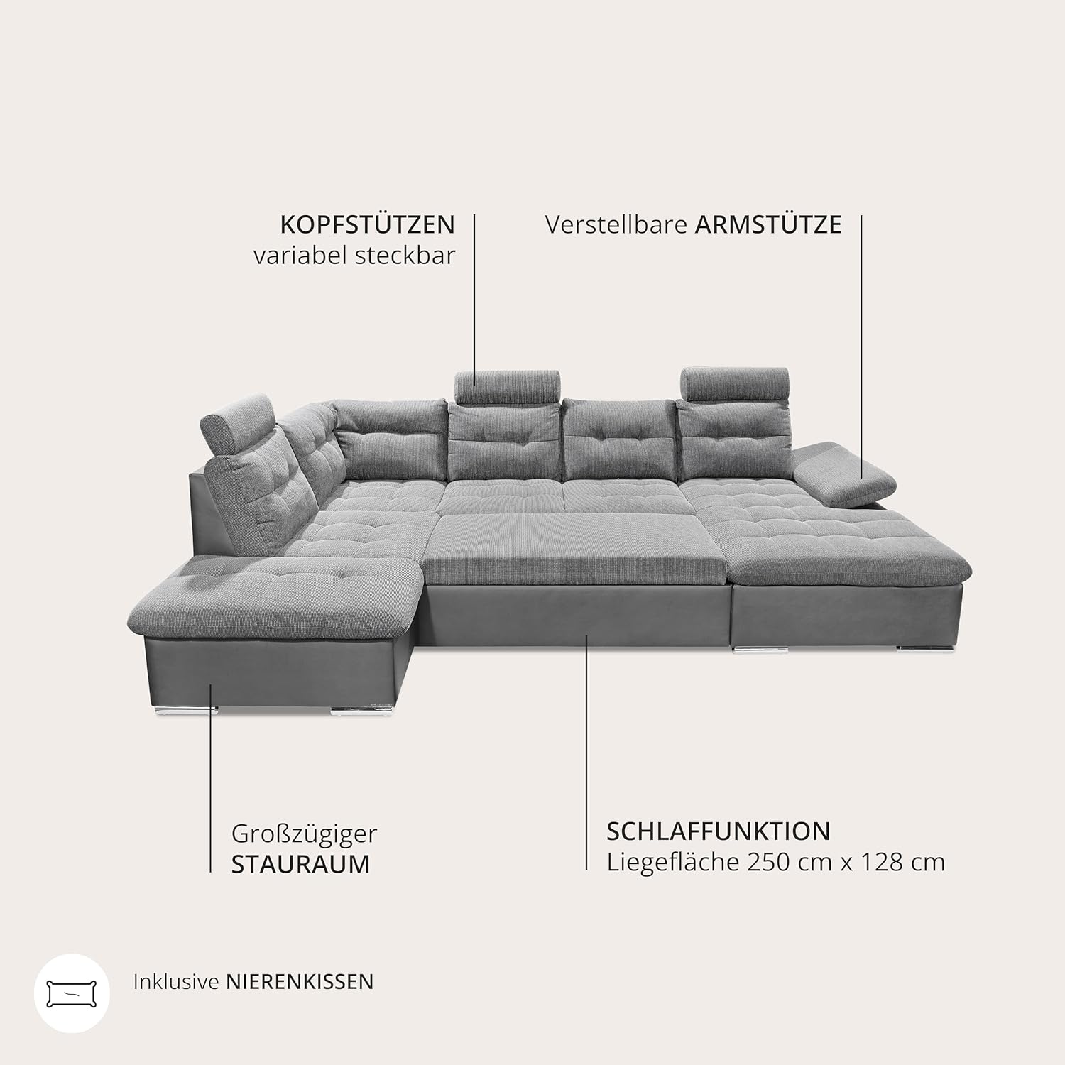 JAKARTA Wohnlandschaft in U-Form, Stoffbezug Schwarz / Lava - Ausziehbares Sofa mit Schlaffunktion & Bettkasten - 324 x 107 x 170 cm (B/H/T)