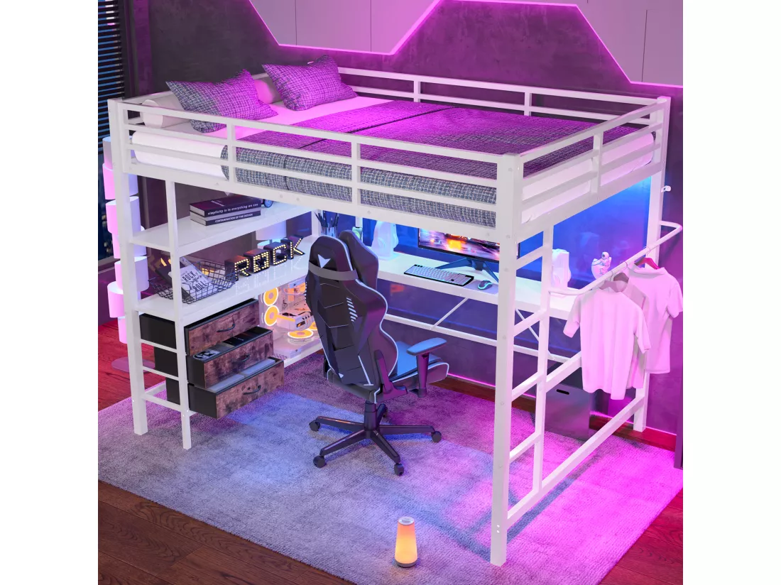 Lit mezzanine 140 x 200 cm avec bureau d'angle, 3 tiroirs et étagères - Prise USB et Lumière d'ambiance - Métal - Blanc (sans matelas)