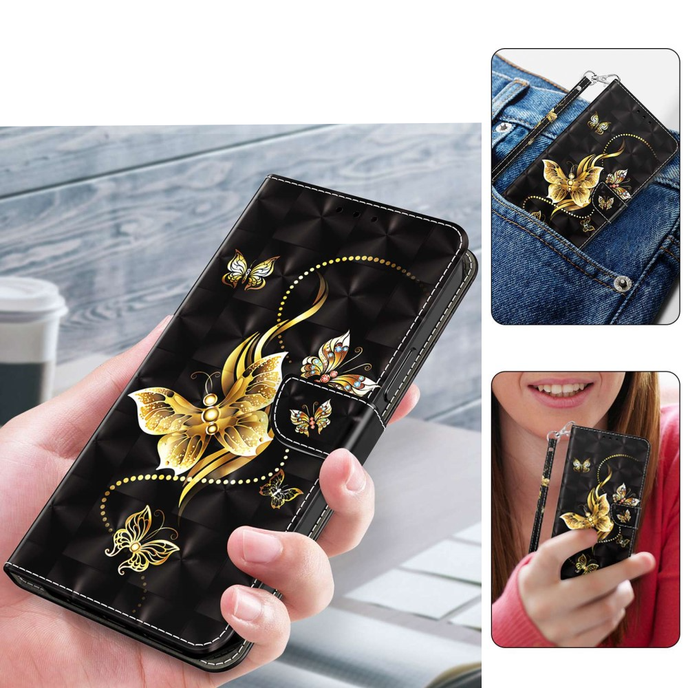 Samsung Galaxy S23 Ultra 5G Leder Tasche mit Kartenfach   Handschlaufe - Goldene Schmetterlinge
