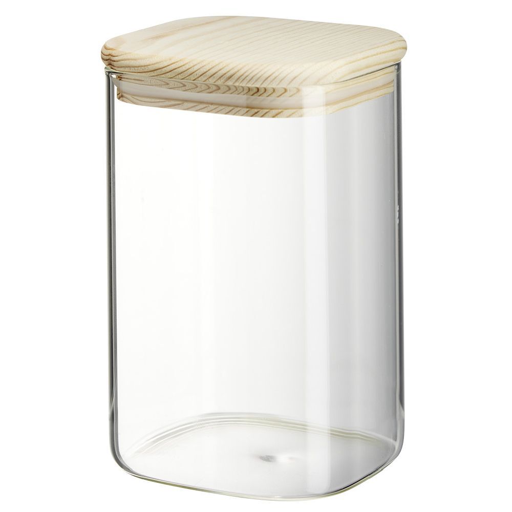 Bocal carré transparent avec couvercle en bois 1L
