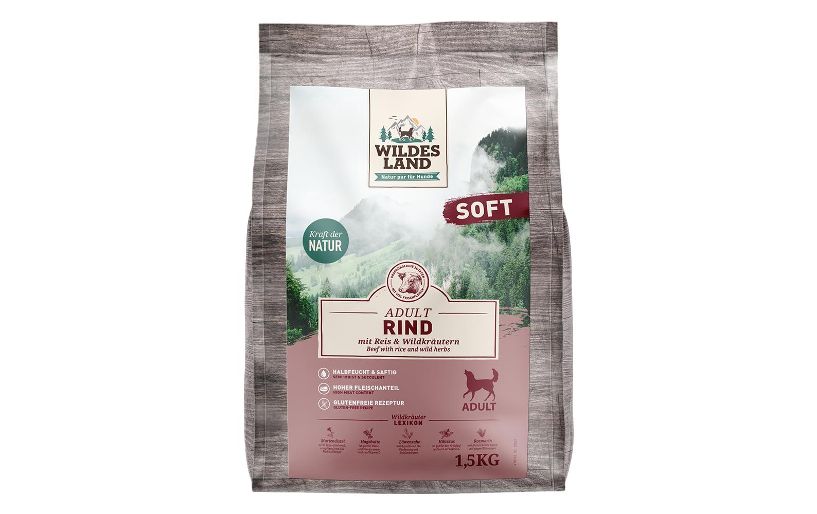 Halbfeuchtfutter Rind mit Reis & Wildkräutern 1.5 kgAlleinfutter aus Rindfleisch mit Reis & Wildkräutern