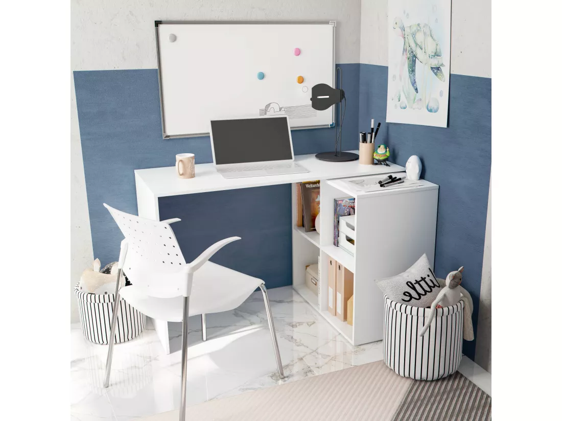 Bureau Revere, Bureau d'angle, Table de bureau polyvalente, Bureau multi-positions peu encombrant, 152x49h74 cm, Blanc