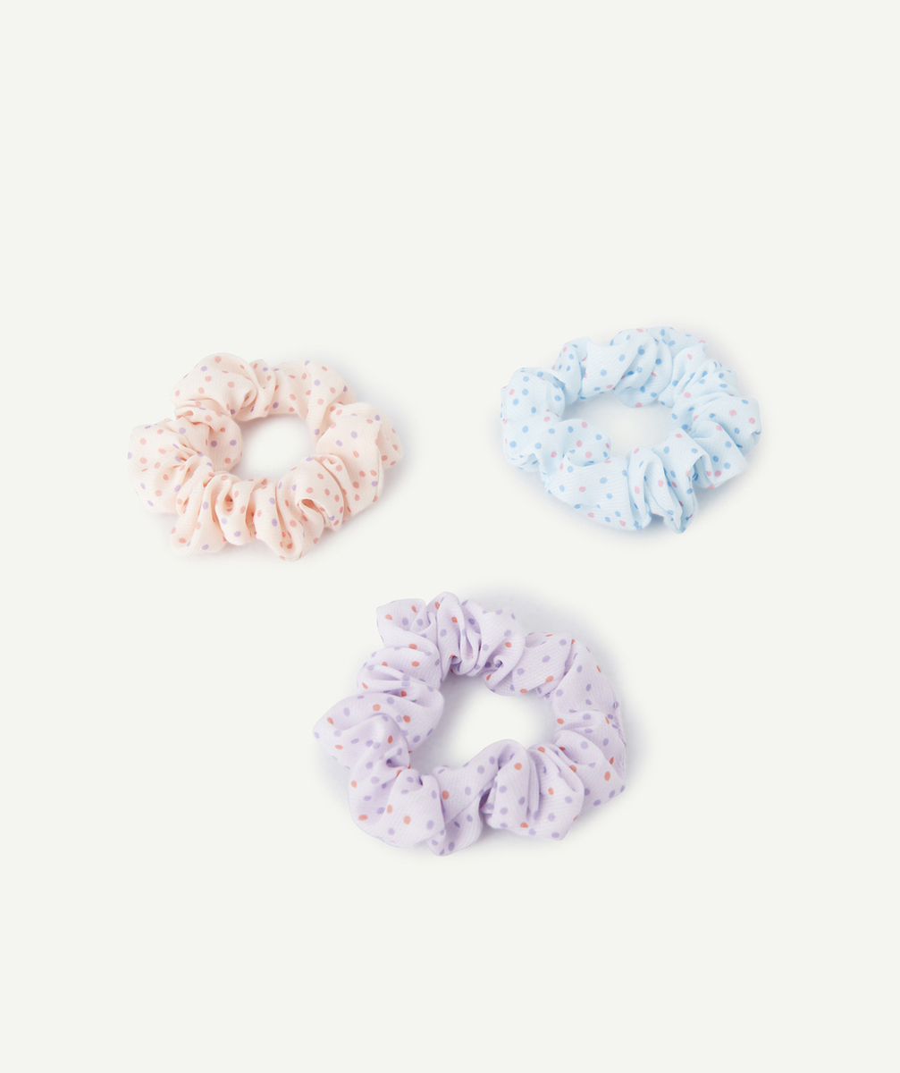 LOT DE 3 CHOUCHOUS FILLE IMPRIMÉS POIS BLEU VIOLET ET ORANGE PASTEL