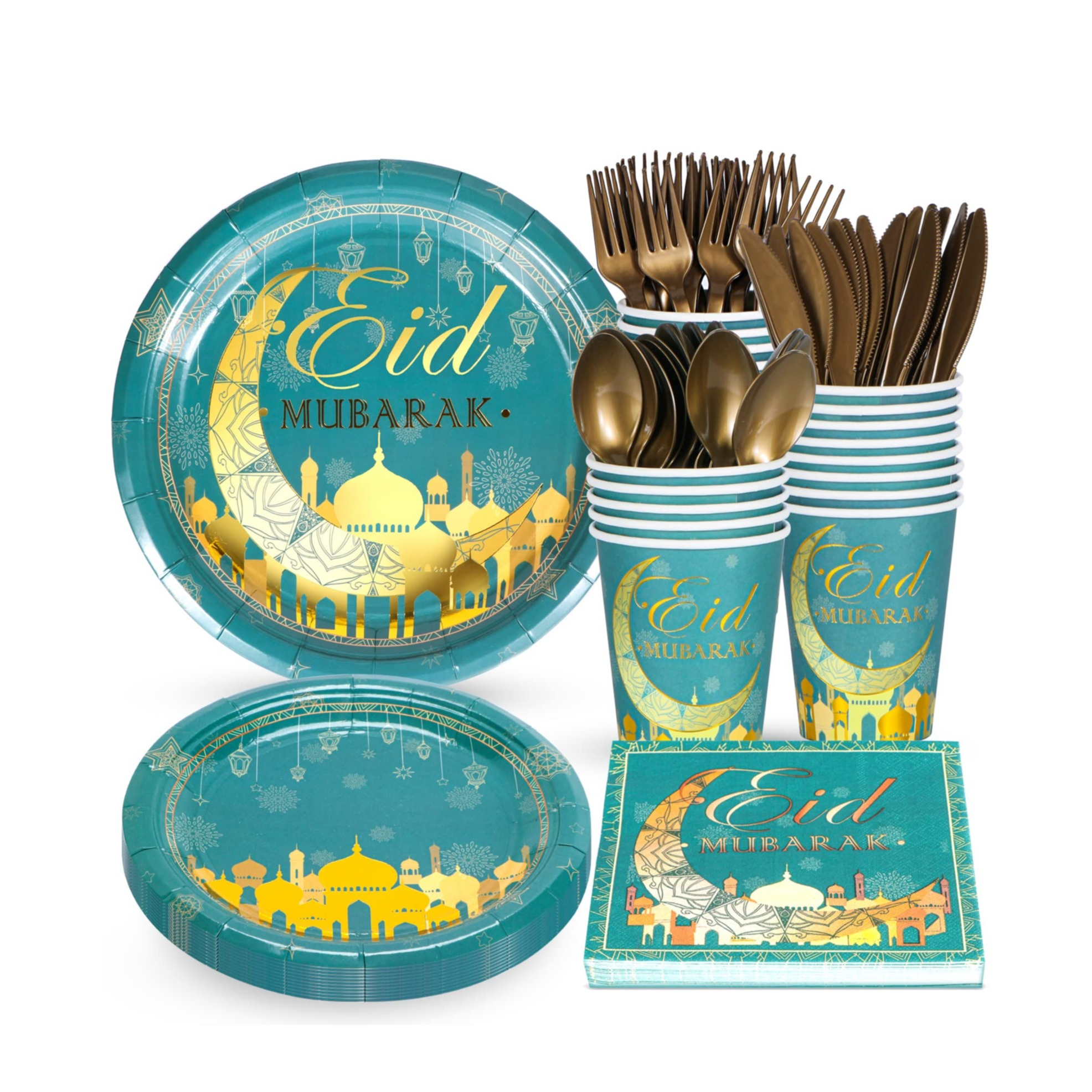 (171-tlg. Set) Ramadan Einweg Geschirr Eid Mubarak Party Tisch Deko inkl. Teller / Besteck / Servietten - Türkis / Gold