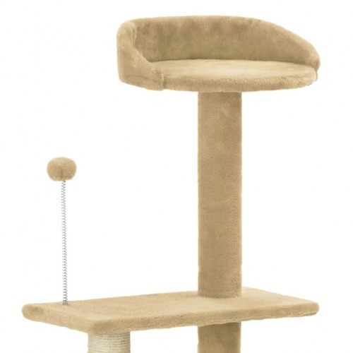 Arranhador bege para gatos com hastes de sisal.