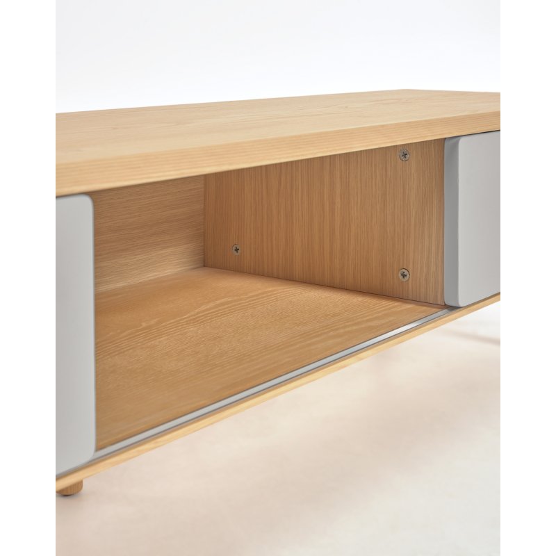Meuble TV Anielle 2 portes en bois massif et placage de frêne 180 x 41 cm