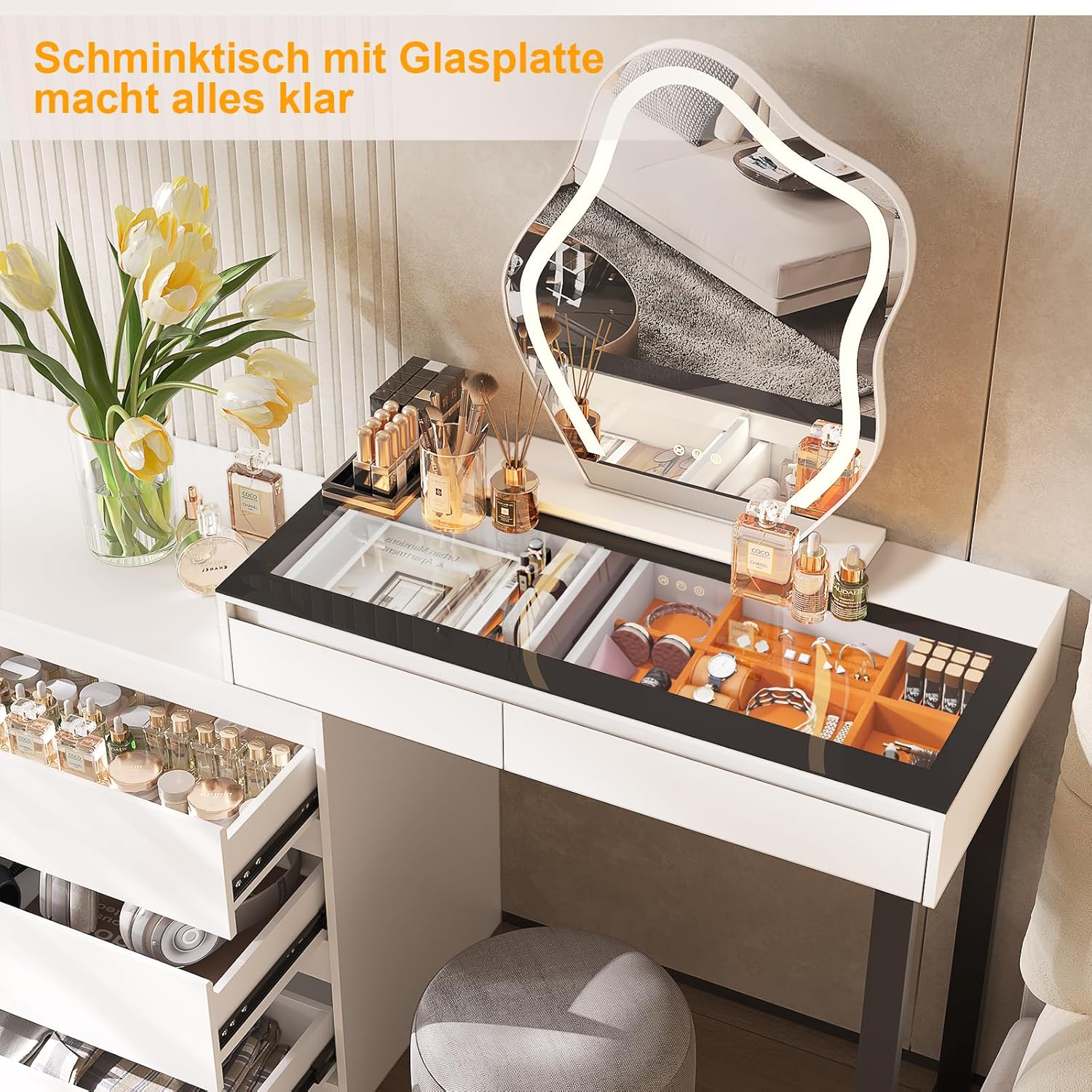 Schminktisch mit Verstellbaren LED-Beleuchtung, Dressing Table mit Spiegel, Vanity Desk mit 5 Schubladen, Ecke Vanity, L-Form ändern, Eckschminktisch mit Glasplatte, Weiß