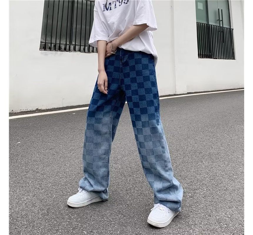 Urtishia - High-waist Gradient Plaid Wide-Leg Jeans