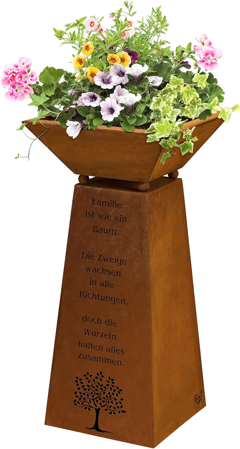 Rostikal Pflanzsäule 72 cm - Dekorative Gartensäule aus Metall - inkl. Blumenschale und Familienspruch im Rostdesign - Handgefertigt, Hochwertig, Langlebig