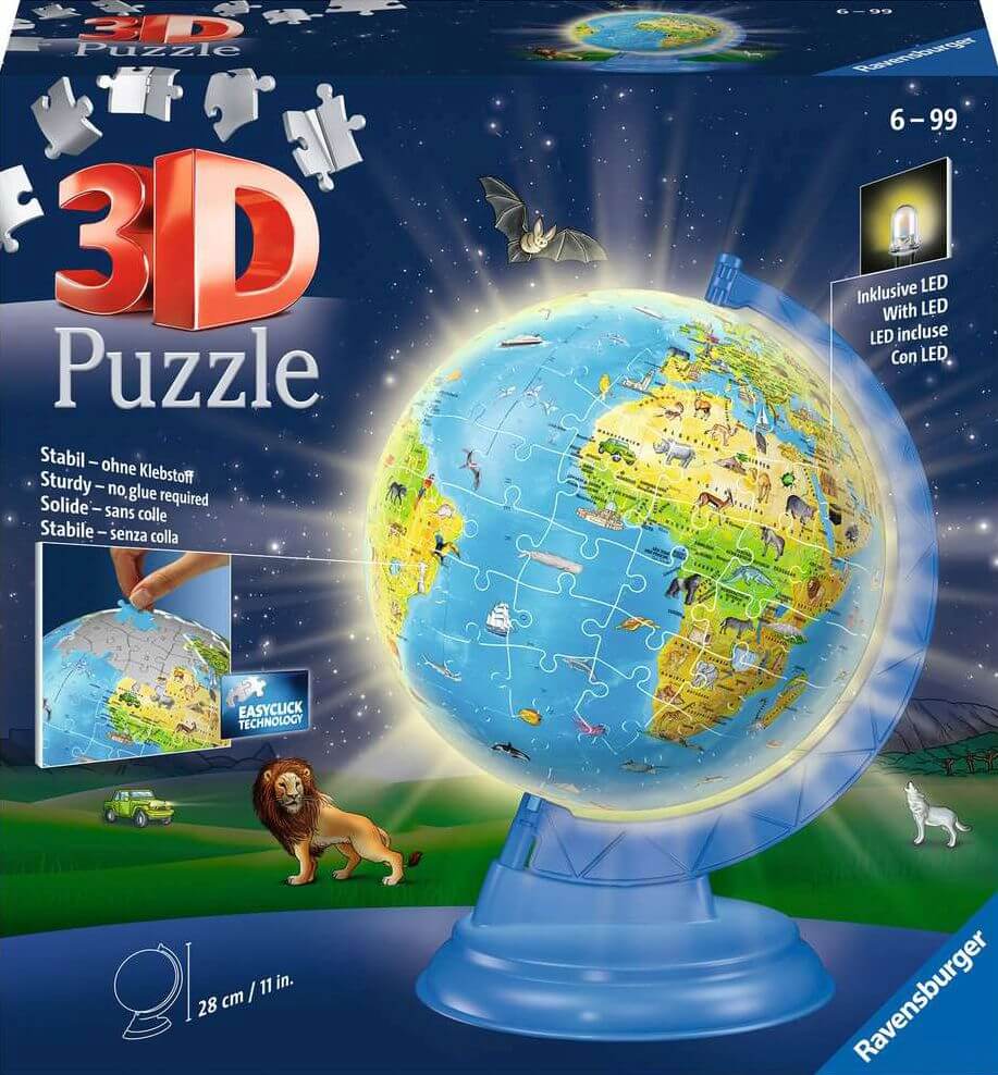 Ravensburger 3D Puzzle 11274 - Kinderglobus mit Licht in deutscher Sprache - 180 Teile - Beleuchteter Globus für Kinder