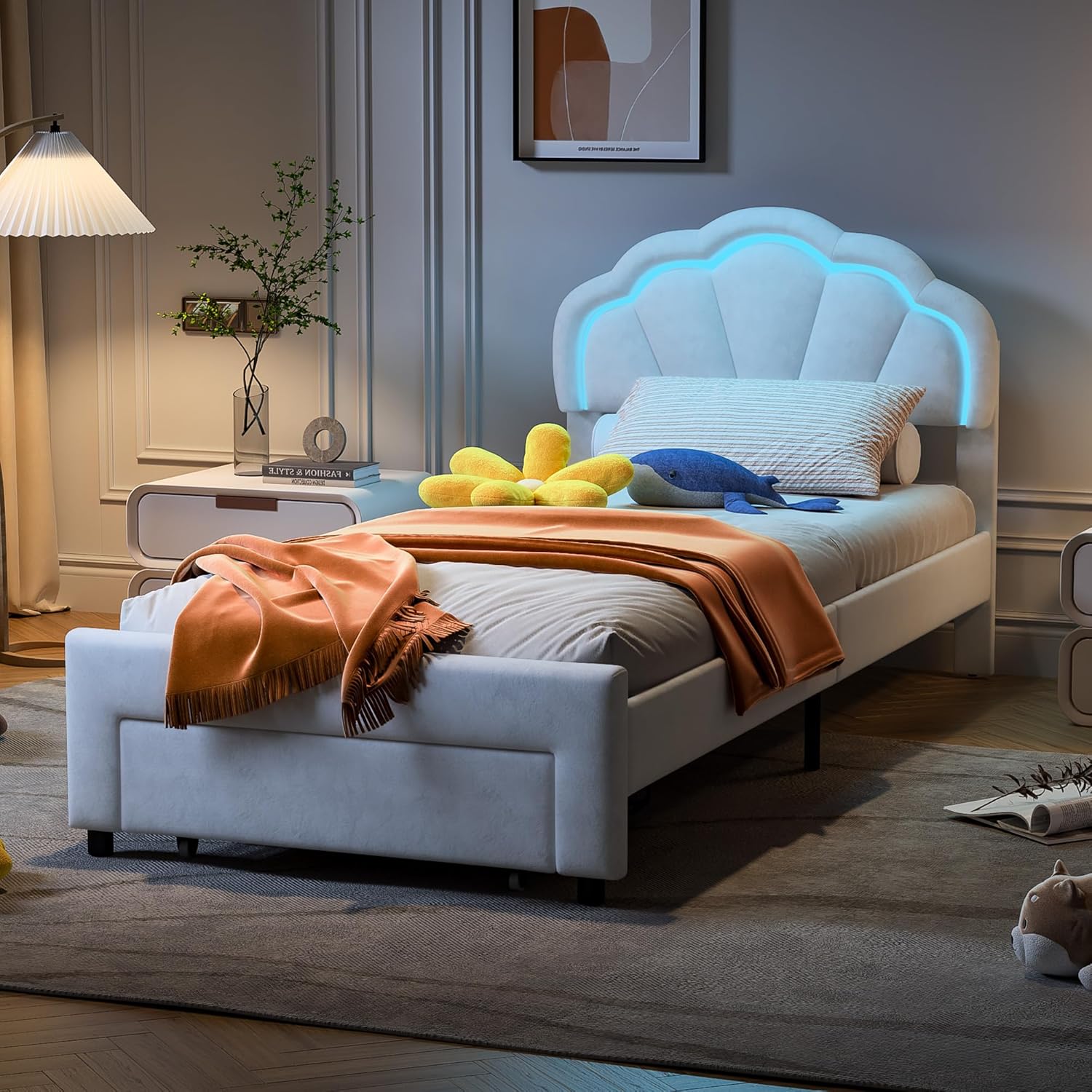 Einzelbett Kinderbett 90x200cm, Polsterbett mit LED-Beleuchtung & Schubladen, Prinzessinnenbett Mädchenbett mit Blumenkopfteil, Samtstoff, Weiß,Ohne Matratze(Beige-Blumen+LED)