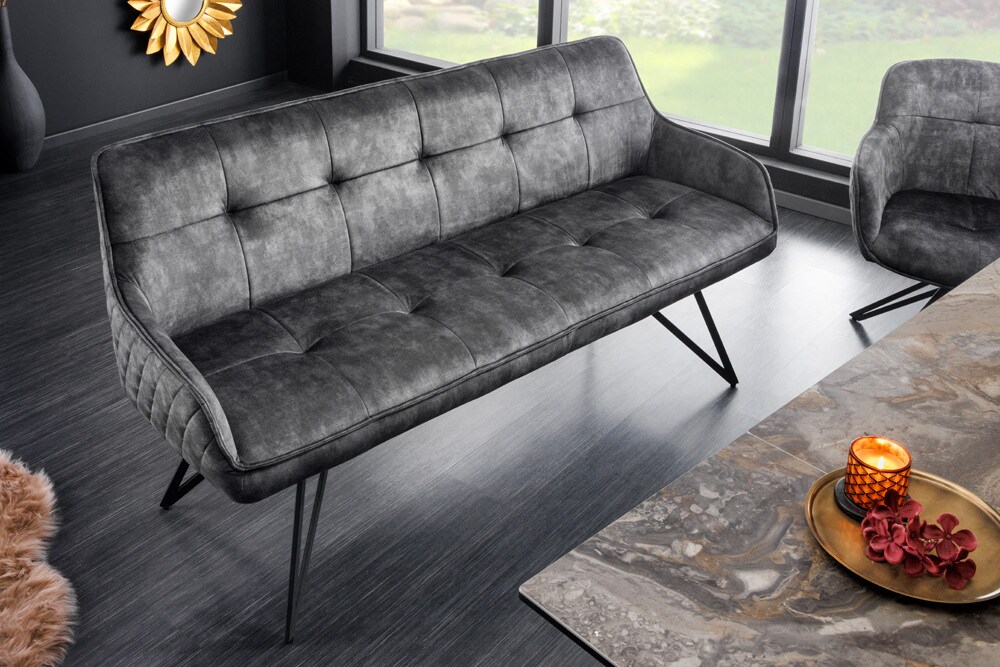 riess-ambiente Sitzbank EUPHORIA - 60cm dunkelgrau Samt Retrostil Ziersteppung Hairpin Legs Metallbeine Armlehnen