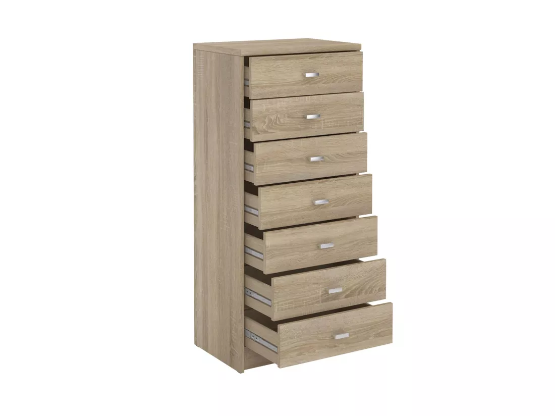 chiffonnier DONIA, H 112 cm en bois coloris chêne sonoma, petite commode avec 7 tiroirs en colonne meuble de rangement