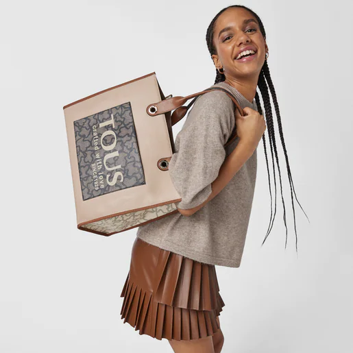 Sacola de compras grande Amaya Kaos Icon em marrom e bege