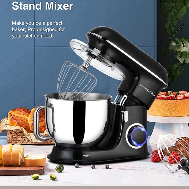 Batedeira de pedestal uhomepro de 7,5 QT para cozinha, 6 velocidades + 0 + P, cabeça inclinável, 660 W, batedeira elétrica para massa, uso doméstico e comercial, com gancho para massa, batedor, batedor de ovos, espátula, própria para lava-louças.