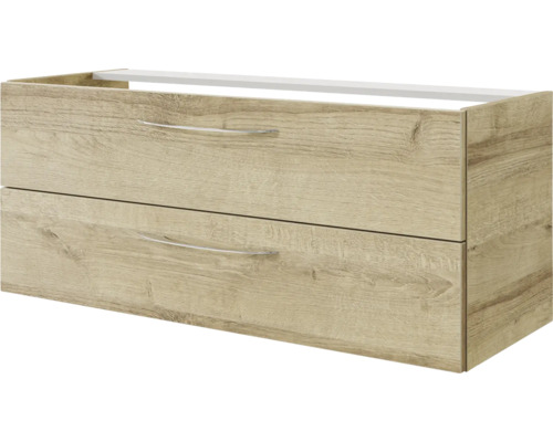 3-delige badkamermeubelset Pelipal serie 4035 BxHxD 120 x 200 x 45 cm, frontkleur eiken riviera, met keramische wastafel in wit en keramische dubbele wastafel, wastafelmeubel, spiegelkast met LED-verlichting, greep chroom hoogglans 40351200111470