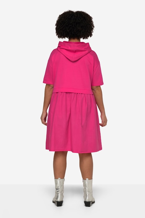 Kleid, oversized, Materialmix, Kapuze, Halbarm