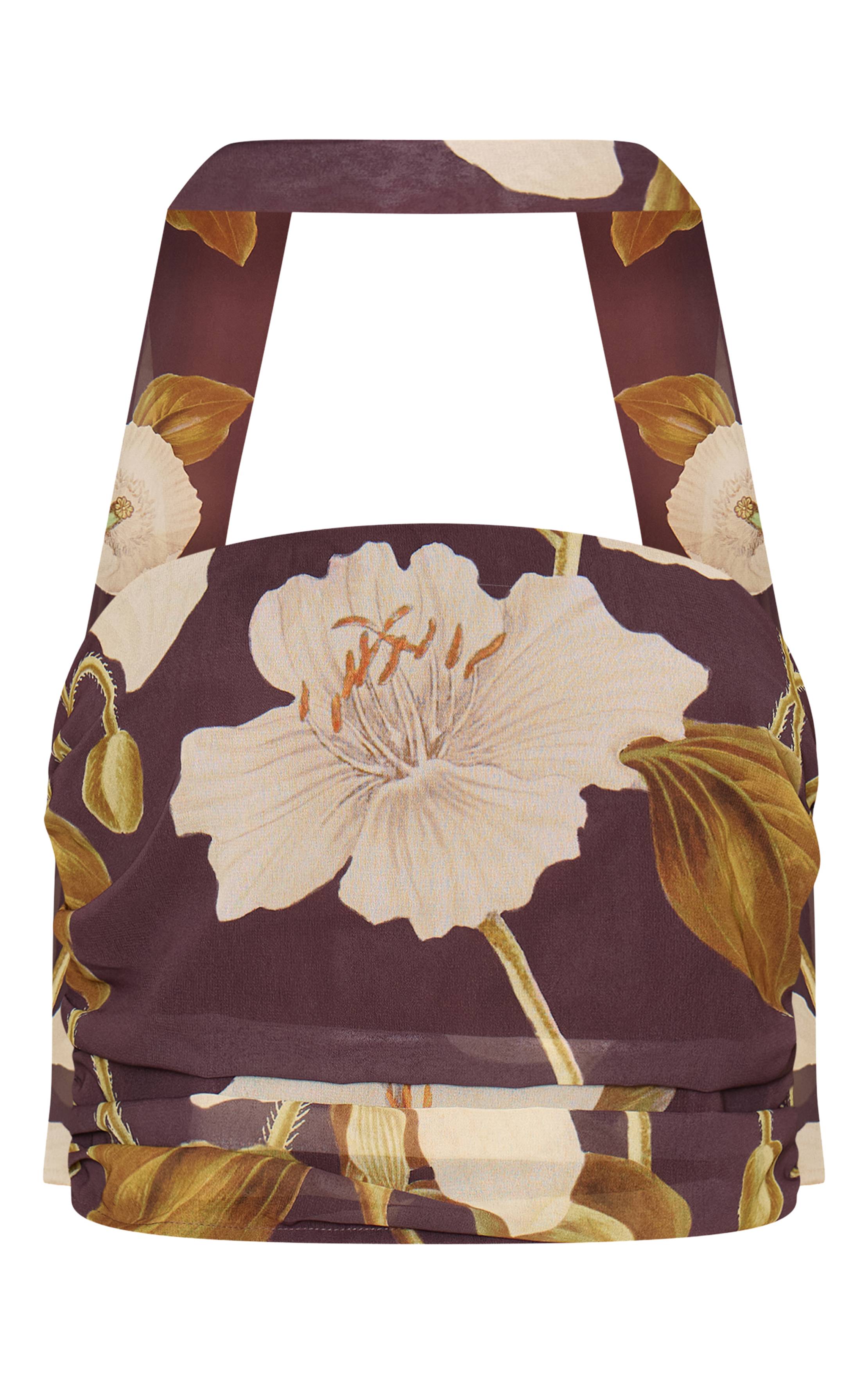 Dark Chocolate Ensemble Haut Bandeau Froncé À Détail Foulard En Mousseline Imprimé Fleuri