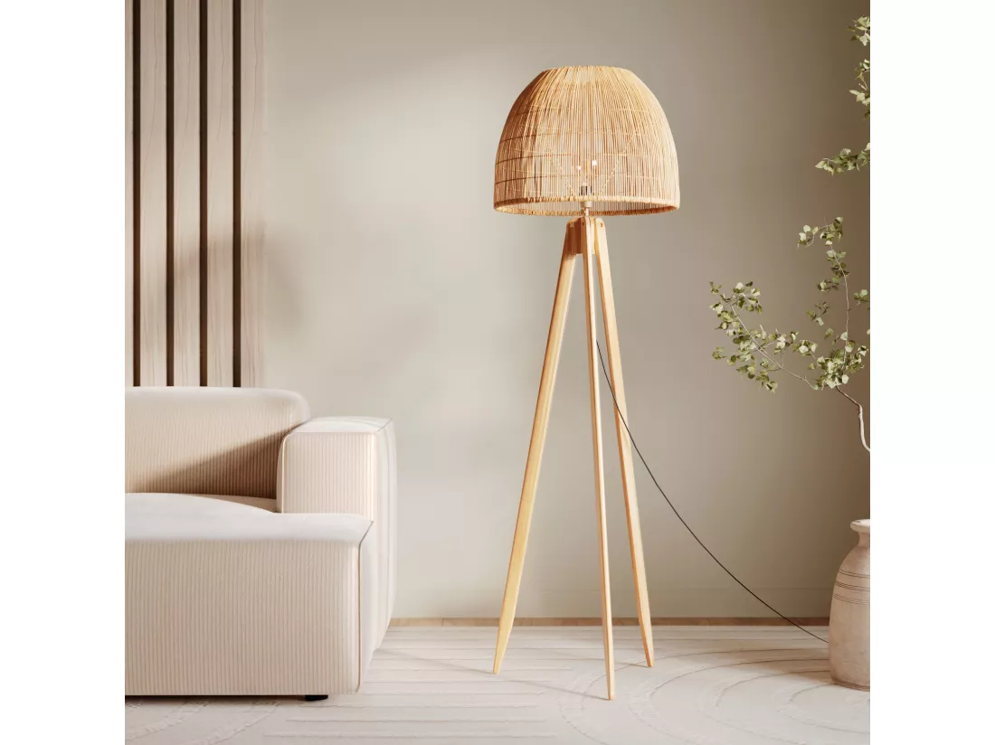 Lampadaire trépied en rotin et bois de teck massif - Corte