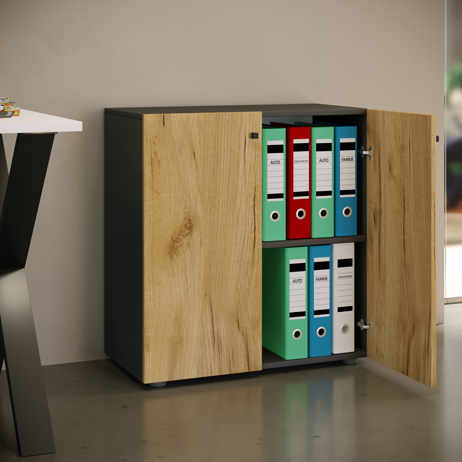 Büroschrank LONA L - Honig Eiche - anthrazit - mit Drehtüren - 74 cm hoch