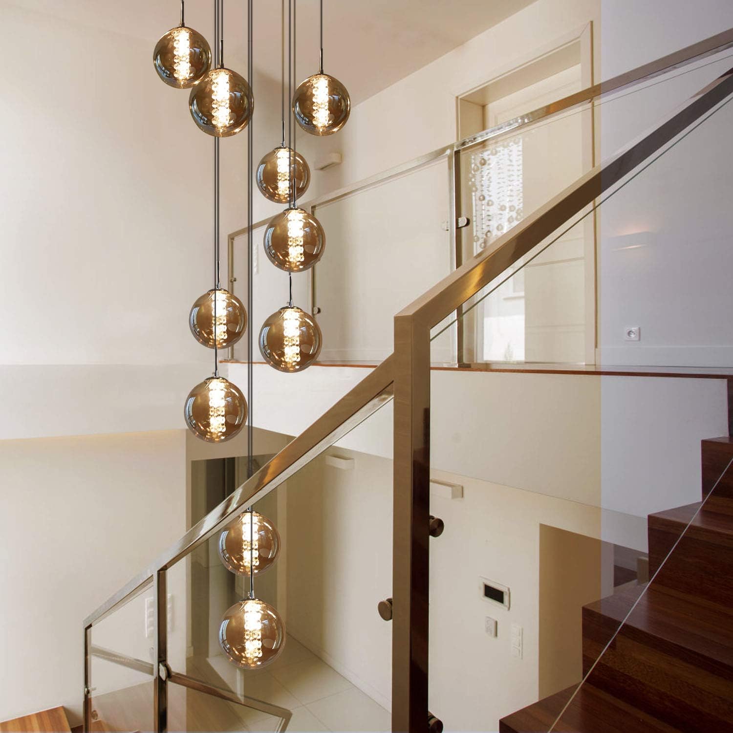 Pendelleuchte Wohnzimmer Pendellampe Modern - Treppenhaus Hängeleuchte 15 Flammig Hängelampe aus Glas 200CM Höheverstellbar Esstischlampe für Esszimmer Küche Esstisch Flur (Bernstein)