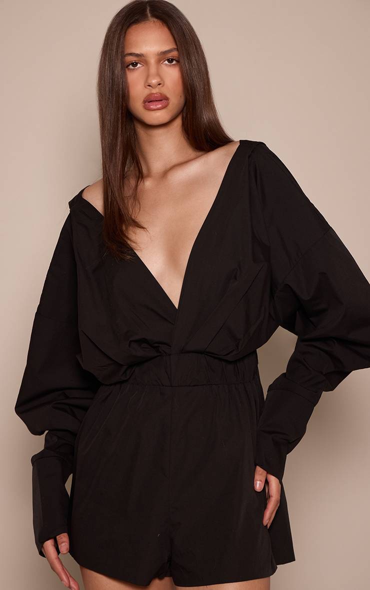 Noir Combinaison-short Chemise En Coton À Décolleté Plongeant