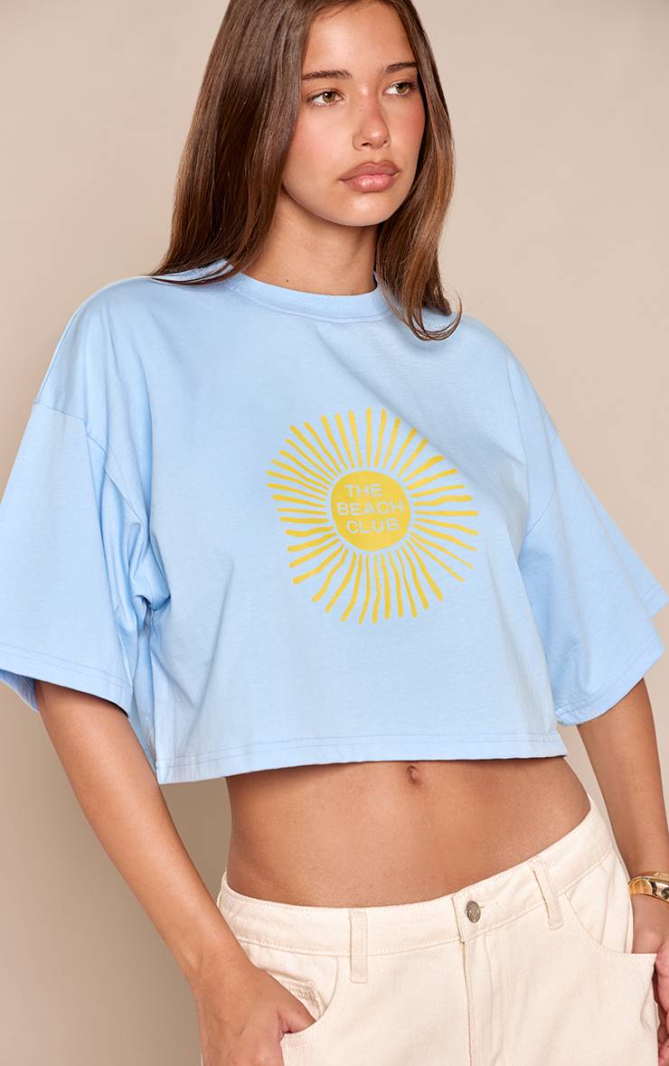 Bleu T-shirt Court En Coton À Imprimé Soleil