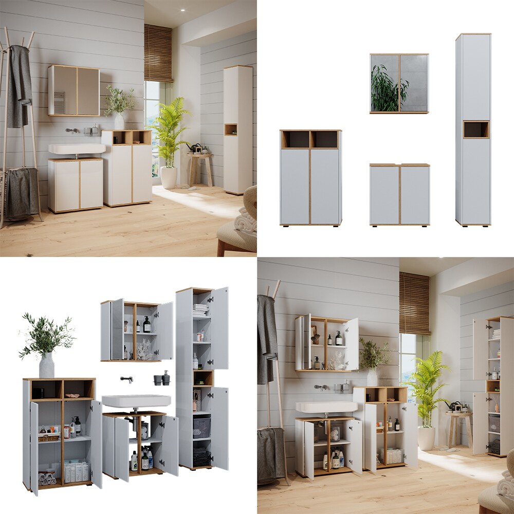 Vicco Badmöbel-Set Didi Weiß Eiche 4 Teile Hochschrank Midischrank mit 2 Türen